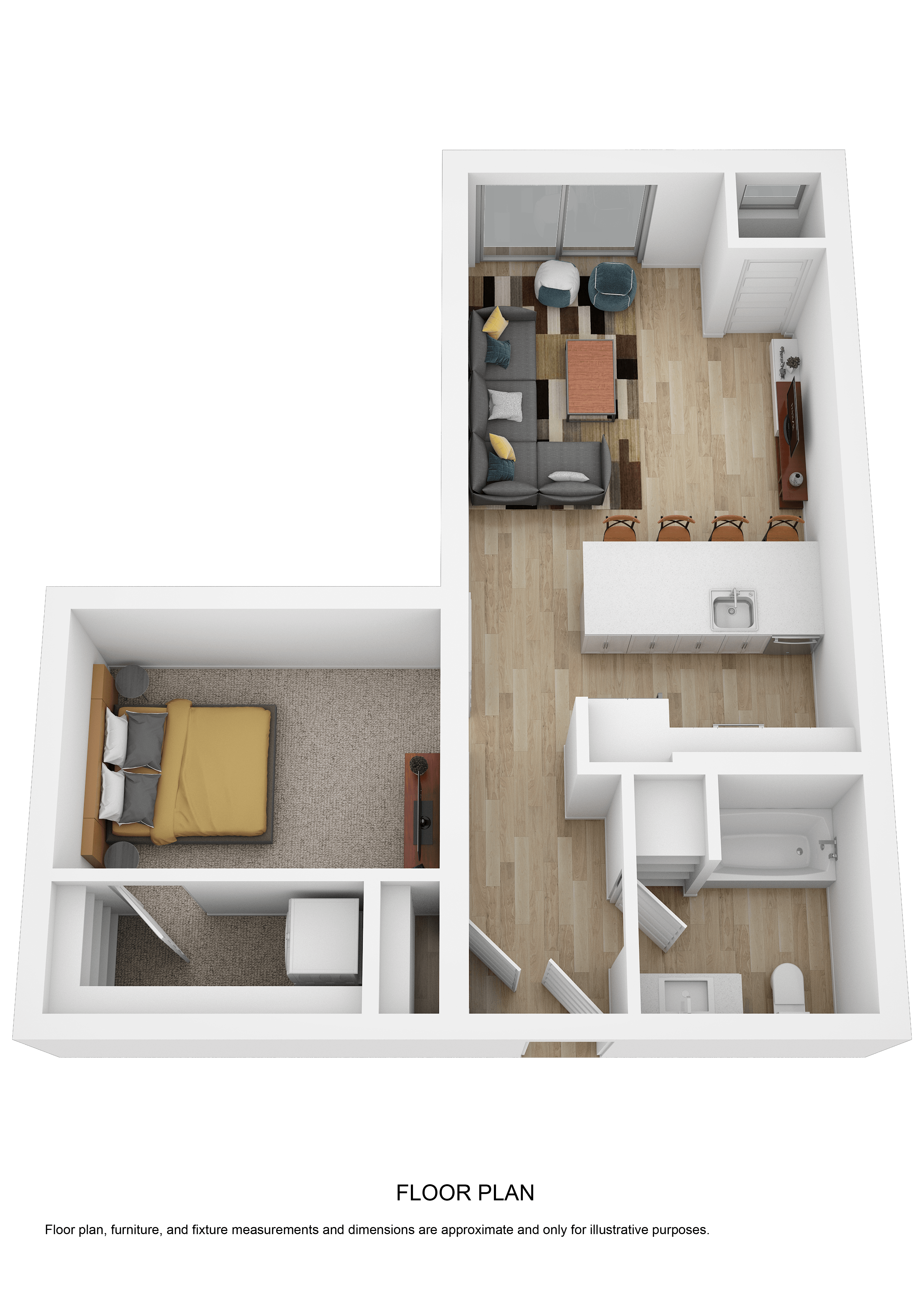 Floor plan for 1 bed, 1 bath, 691 sqft
